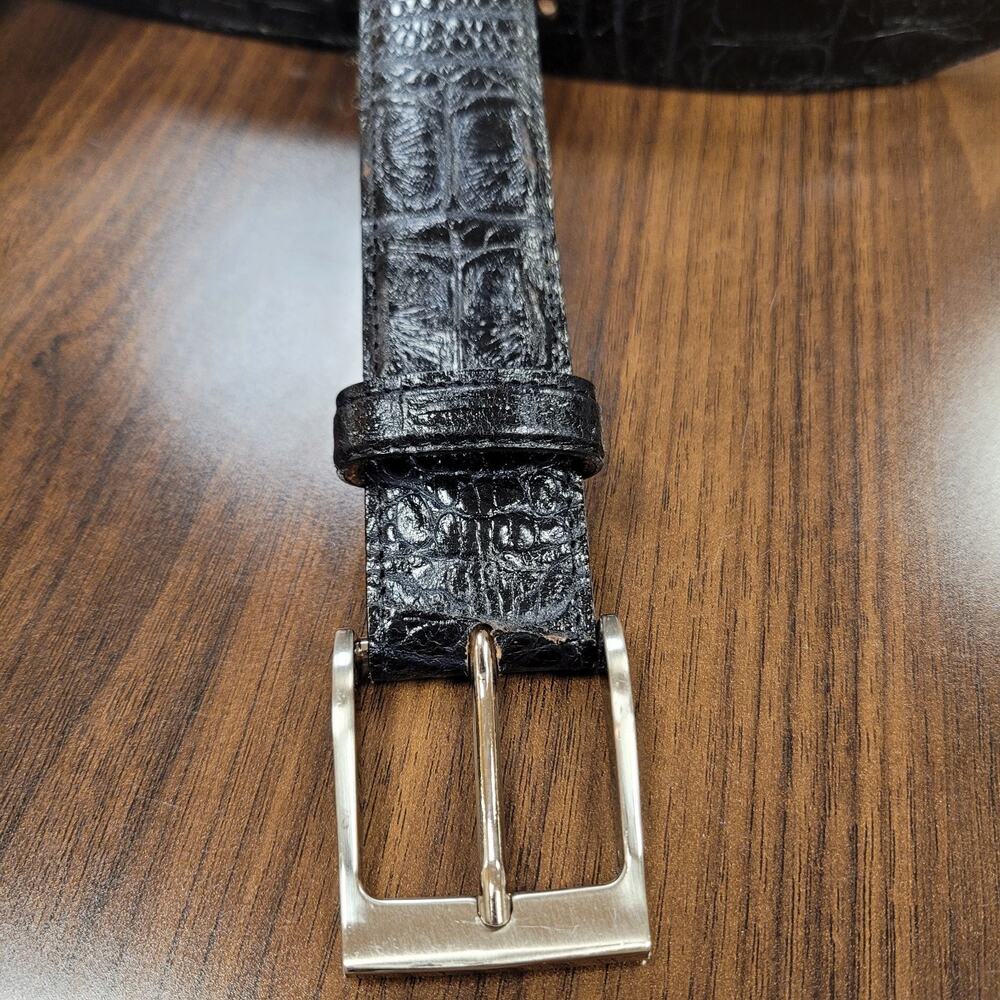 VEARI Leather Belt Black Croc Embossed Bovine Cow Solid Brass Buckle Mexico